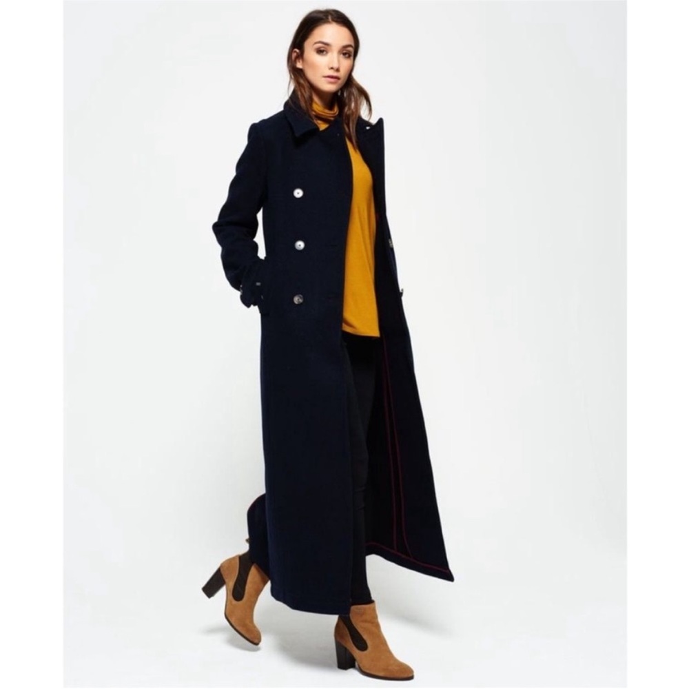 Superdry Super Long Bridge Coat Women’s XS Wool Navy Blue Double Breasted Jacket
